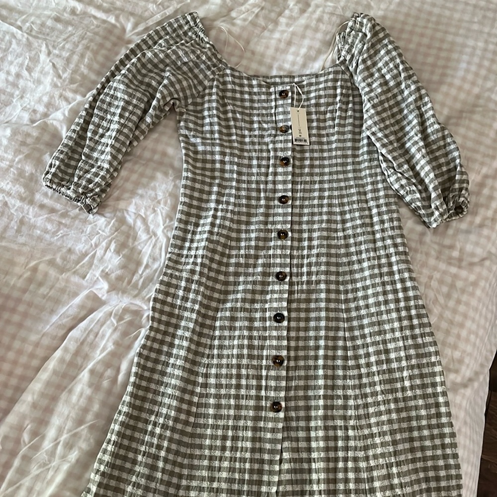 Rylee + Cru Olive Green and White Gingham Maxi Dress